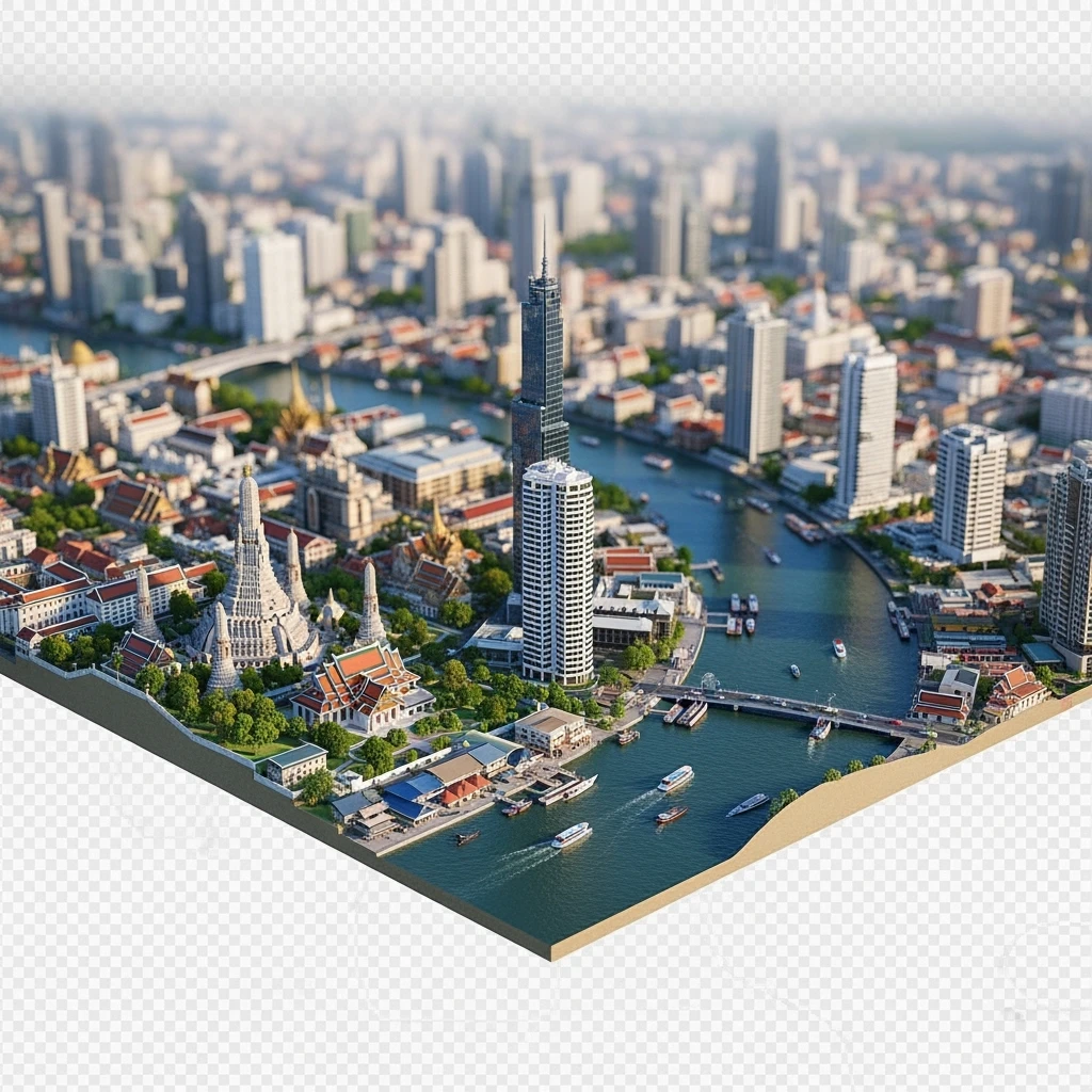 Isometric miniature of Bangkok 3D miniature effect and Tilt Shift effect, no cartoonish look, transparent background. emoji