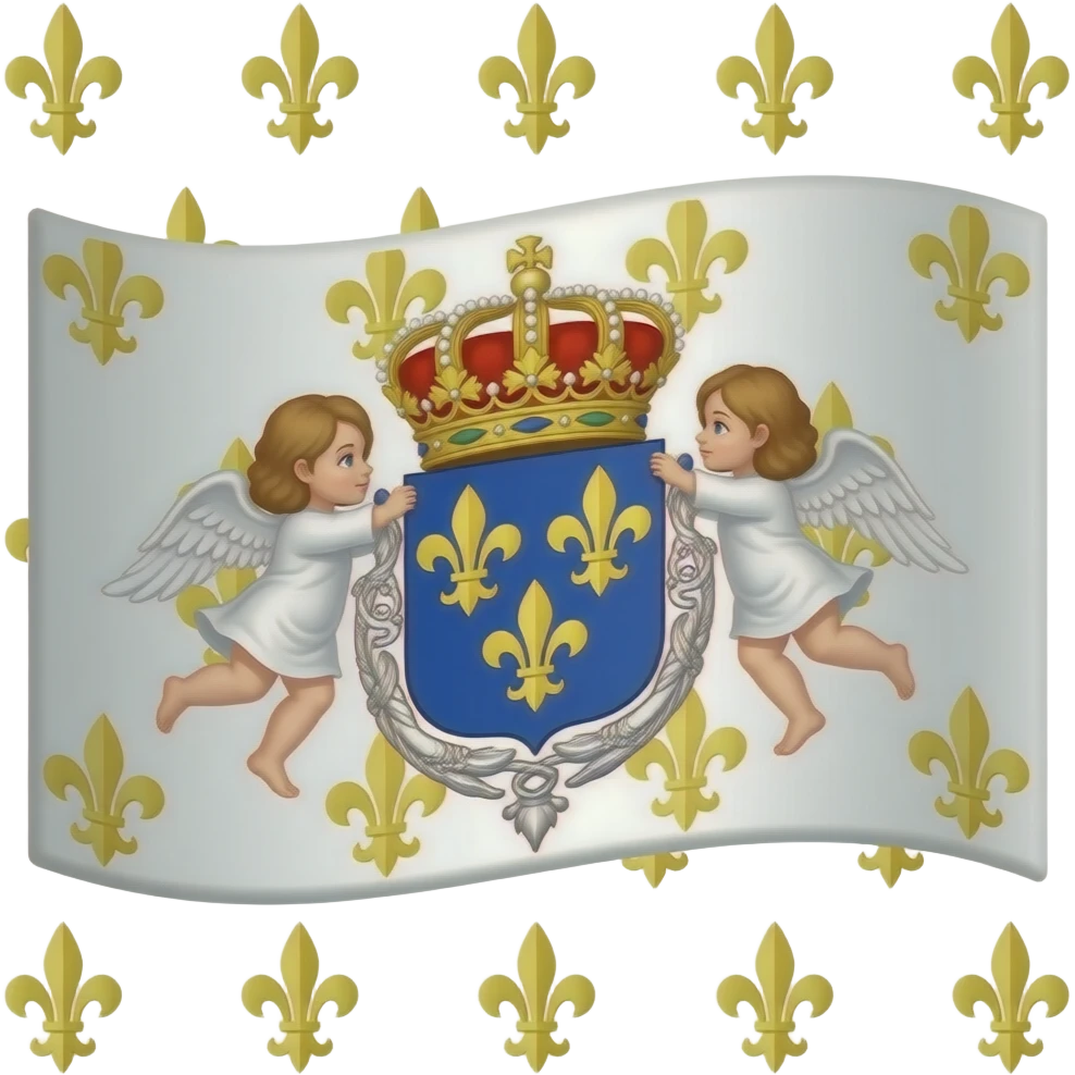 drapeau du royaume de france, blanc, parsemé de fleur de lys d'or, au centre, l'écusson bleu des bourbons avec trois fleur de lys d'or, et deux chérubins qui le tiennent emoji