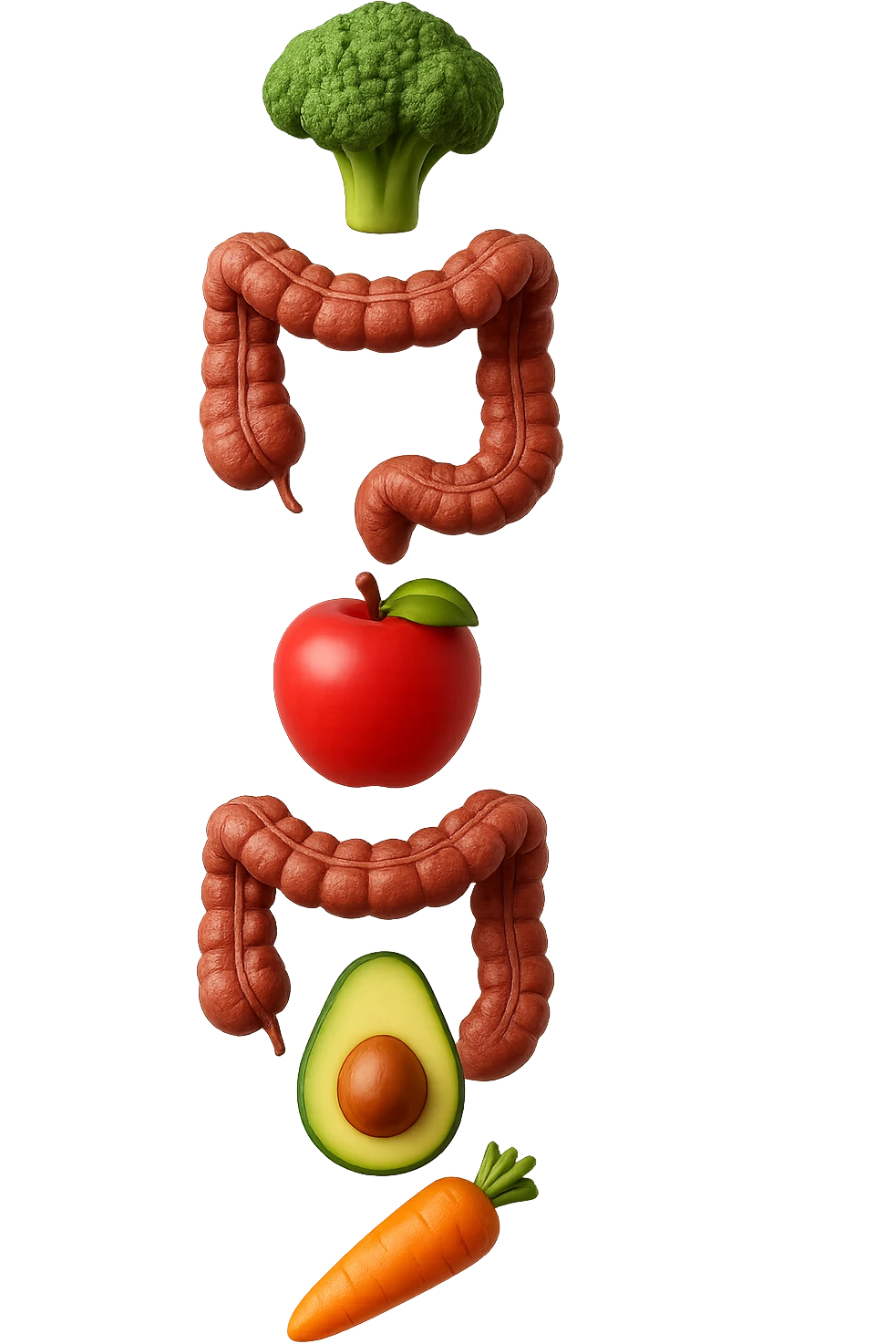 emoji stile iphone in 3d di cibo sano che fluttua in aria vericalmente insieme a pezzi di colon umano anatomico, iperrealistico 4k emoji