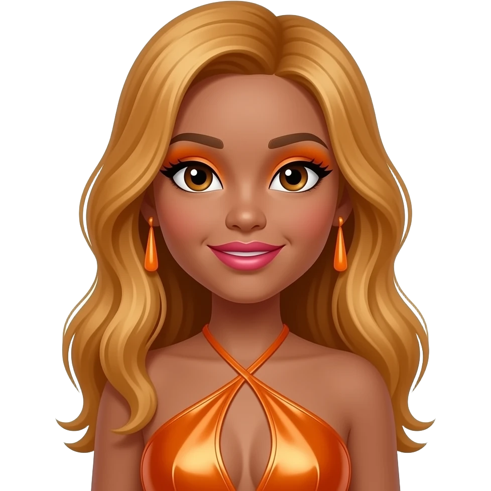 SayDazzle from The Next Kidz with medium skin, dark brown eyes, long ginger blonde hair, orange eyeshadow, pink lipstick, orange metallic halter dress, orange earrings emoji