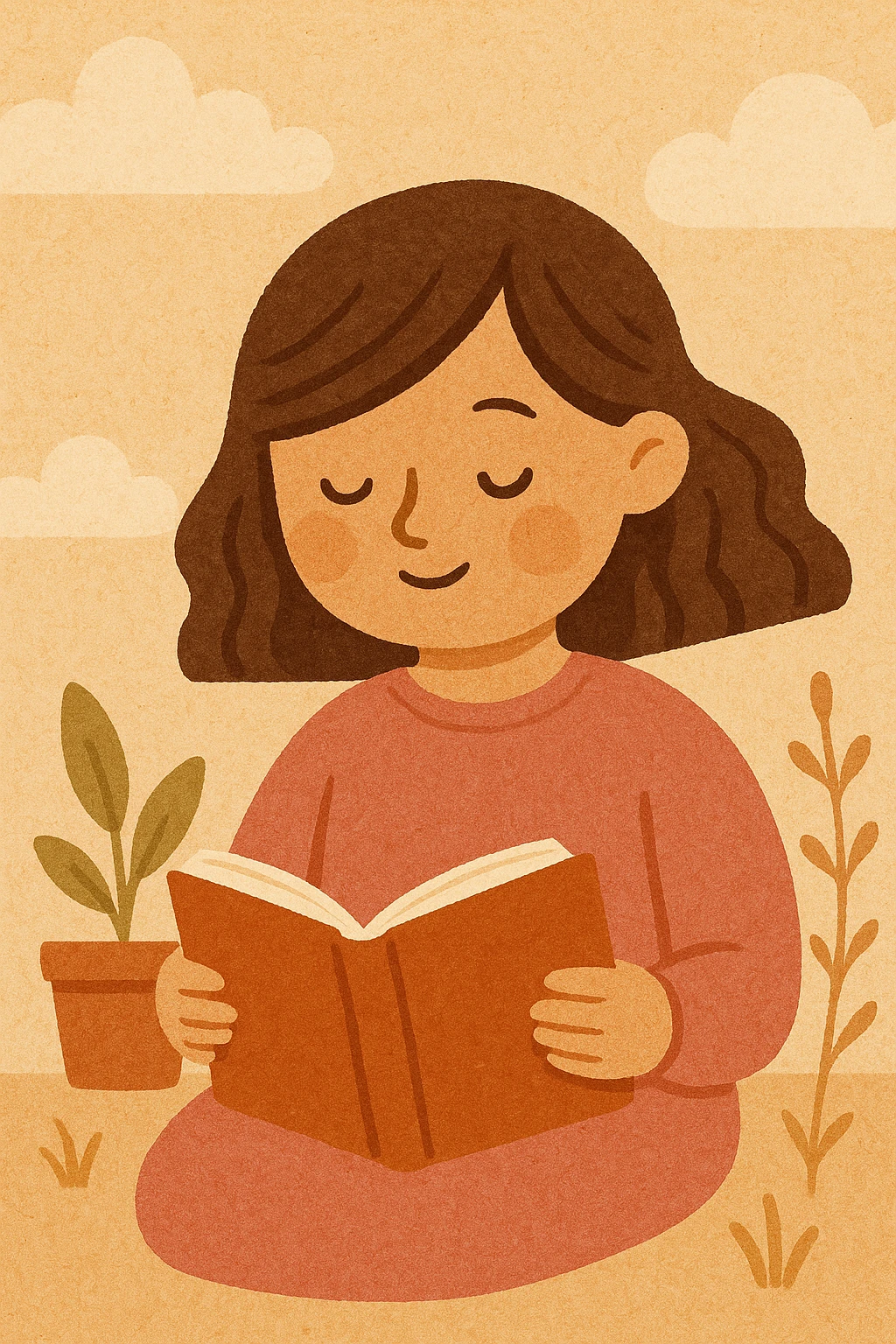 a girl in pink clothes reading a book, warm and friendly style, soft warm colors, inviting atmosphere emoji