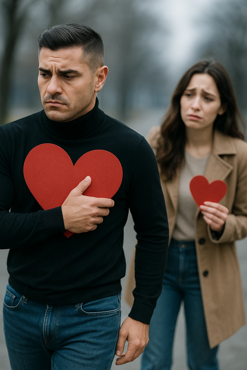 un uomo italiano in abiti casual si allontana da una donna che cerca di abbracciarlo. Lui stringe al petto un grande cuore rosso, mentre lei ne tiene uno più piccolo; entrambi hanno espressioni tristi, e la distanza emotiva è sottolineata da uno sfondo sfocato e freddo. emoji