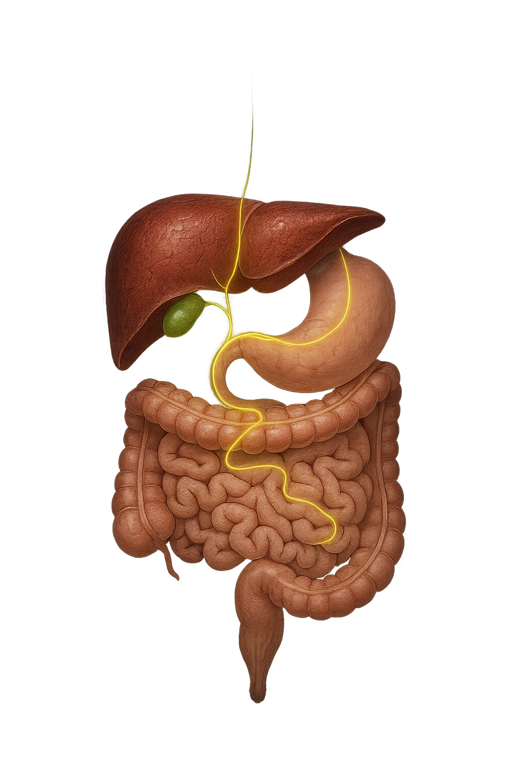 A detailed anatomical illustration-style image focusing on the human torso, highlighting the liver, gallbladder (cistifellea), and intestines. The organs are shown with realistic textures and colors: the liver in deep reddish-brown, the gallbladder as a small greenish sac tucked under the liver, and the intestines in soft pinkish hues. Connecting these organs are glowing, semi-transparent lines or light trails in vibrant colors (e.g., bright yellow or green) that visually trace the functional and physiological links between them. The lines flow smoothly from the liver to the gallbladder and then down to the intestines, symbolizing bile flow and digestive processes. The background is a subtle dark gradient that enhances the brightness and clarity of the lines and organs. The style is a blend of medical illustration and modern digital art, clear, precise, and visually engaging emoji