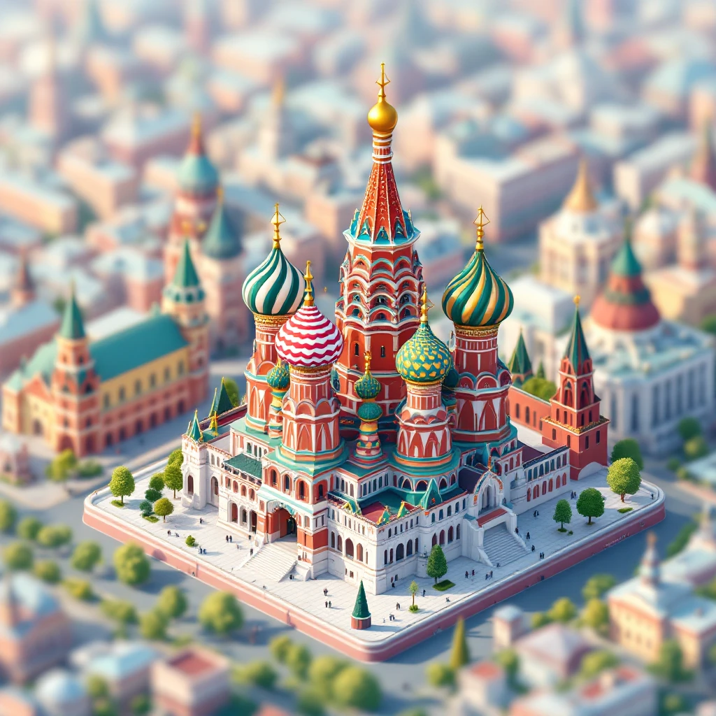 Isometric illustration of Moscow, featuring photorealistic Saint Basil's Cathedral with colorful onion domes emoji