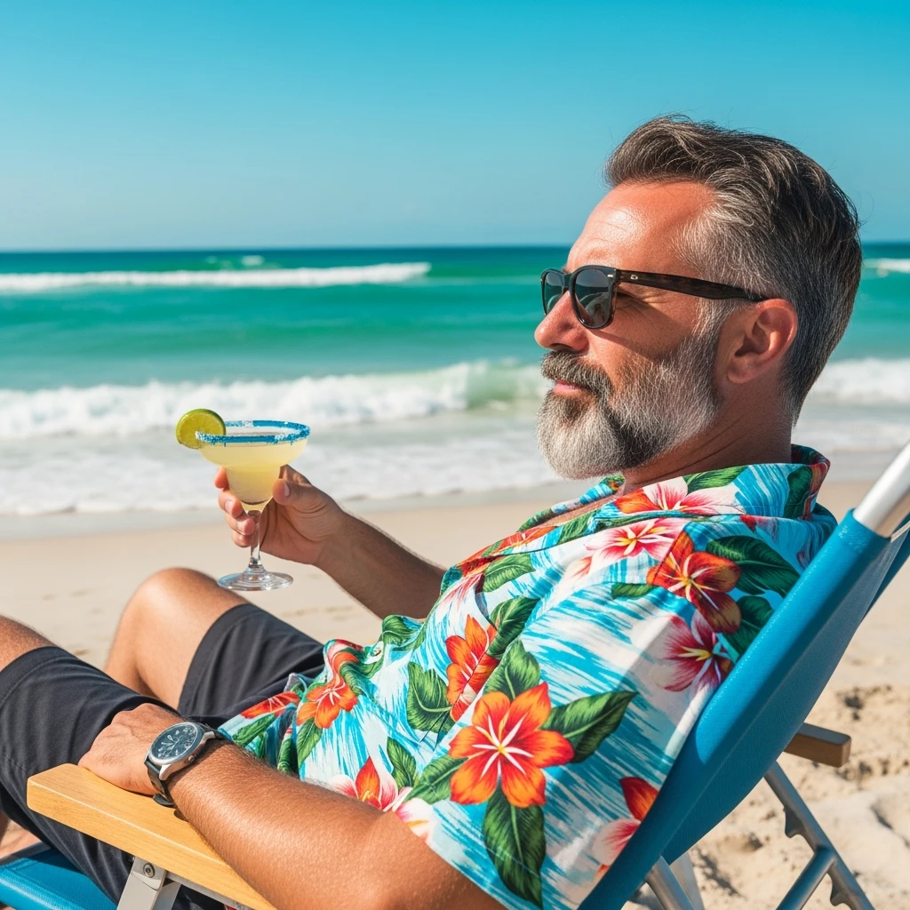 take this picture of a man and make it  beach photo with drink emoji