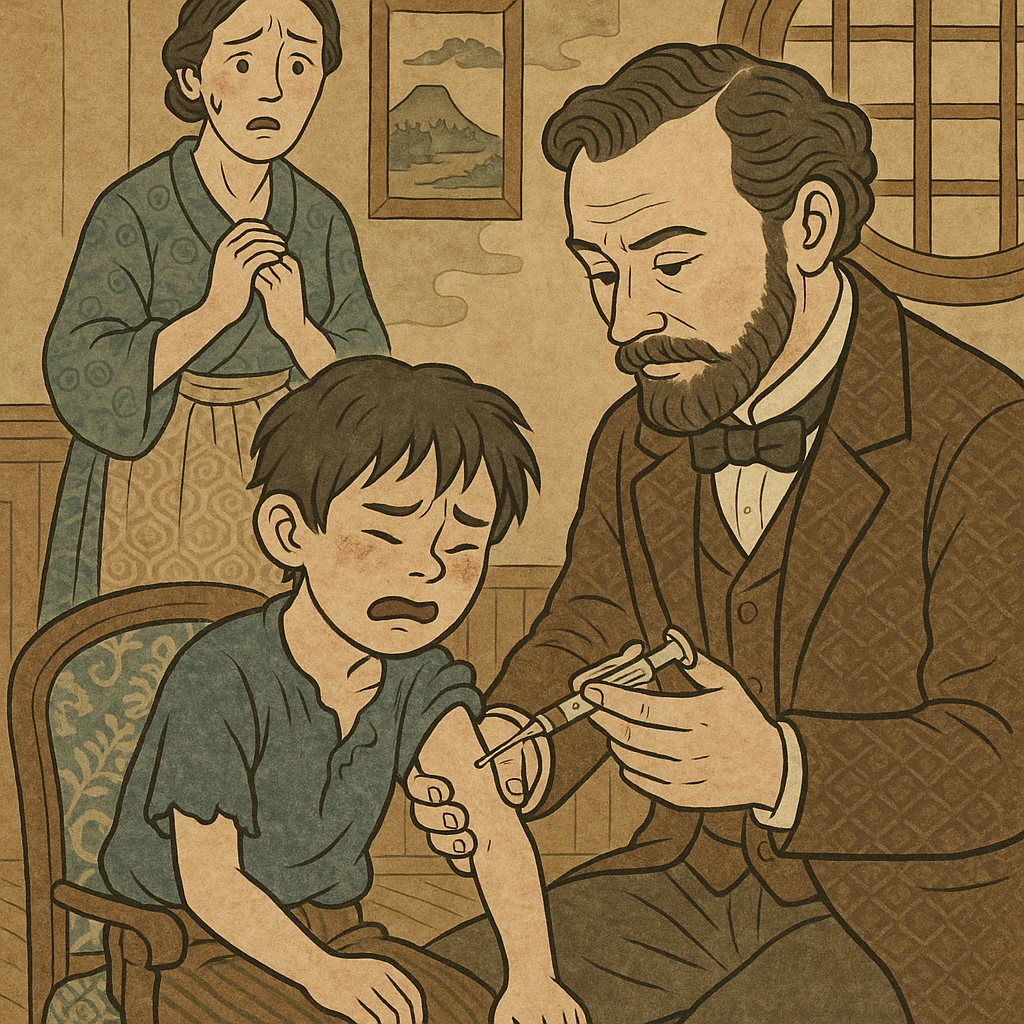 A Victorian doctor giving a young poor boy a vaccination with the boy's mother in the background looking worried in their living room emoji