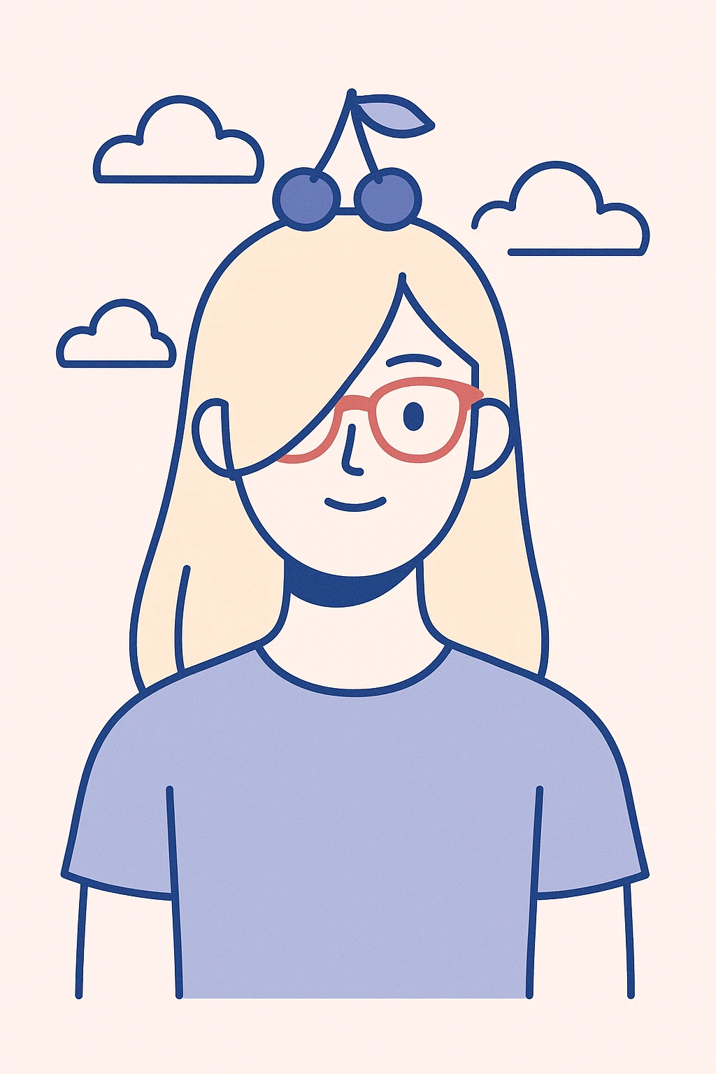 A woman with long blonde hair covering one eye, wearing a baby blue shirt, cherry accessories on top of her head, and red glasses, clean modern illustration style emoji