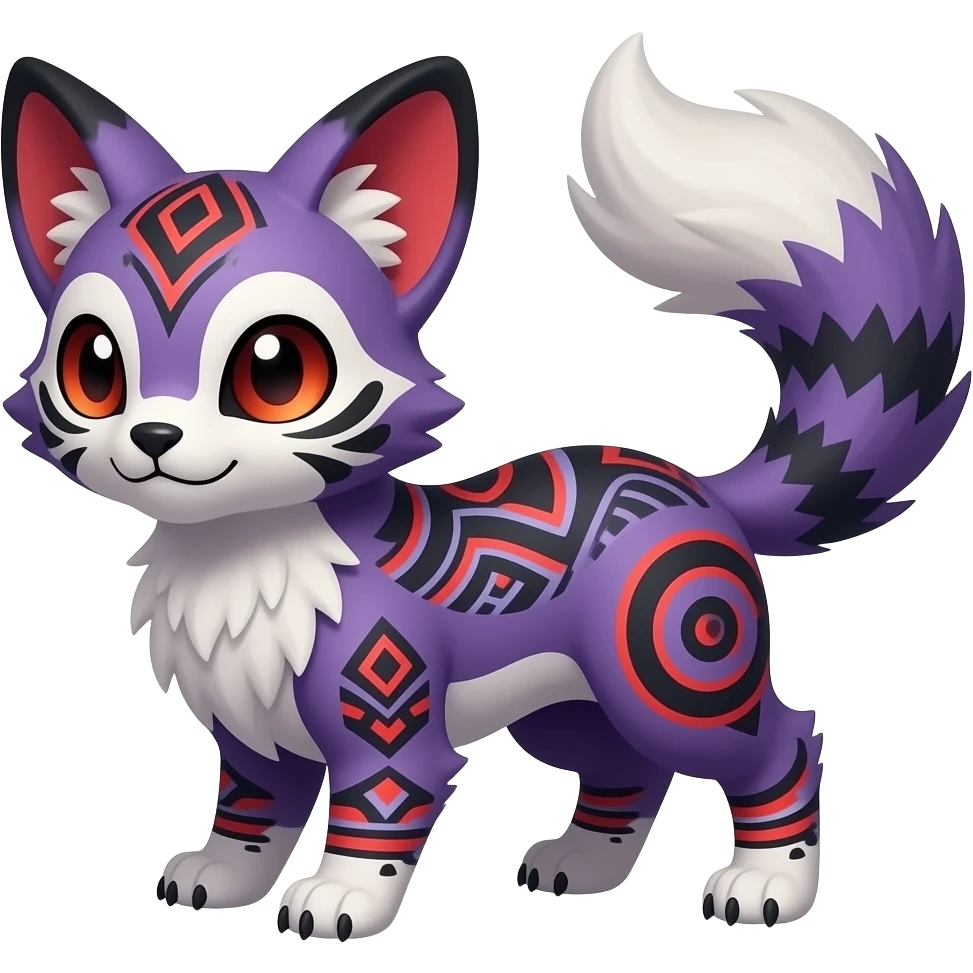 Rare warm-colored exotic gloomy tropical edgy cute epic aesthetic spooky indigo violet white black red gothic colorful Salandit-Furret-Civet-species-Fakemon-hybrid-creature, with tribal tattoo markings, full body emoji