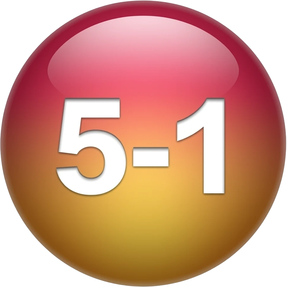 Glossy 3D sphere emoji, "5-1" bold white text centered, gradient from cherry red to gold , glass reflection highlight, bubble style icon emoji