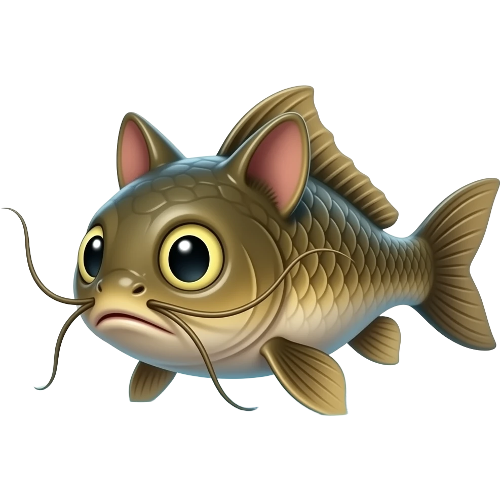 A humorous, exaggerated literal interpretation of “Catfish”. 
A fish with cat features like whiskers and ears swimming in water. 
Cartoonish, playful, colorful, 3D illustration, funny concept. 
Clean background, center composition, no text, no watermark. emoji