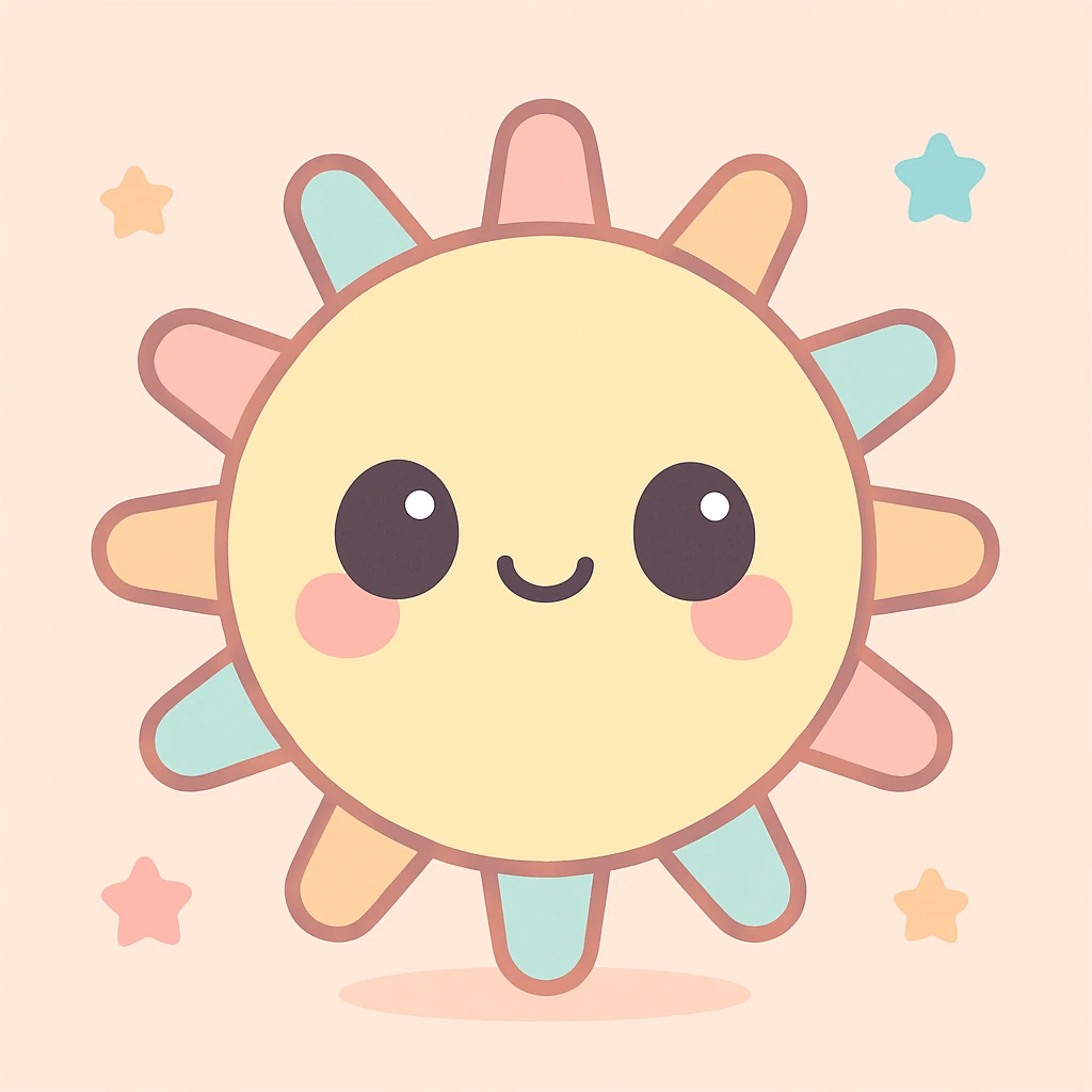 kawaii-style sun character, round and cheerful, animated to bounce gently, pastel colors emoji