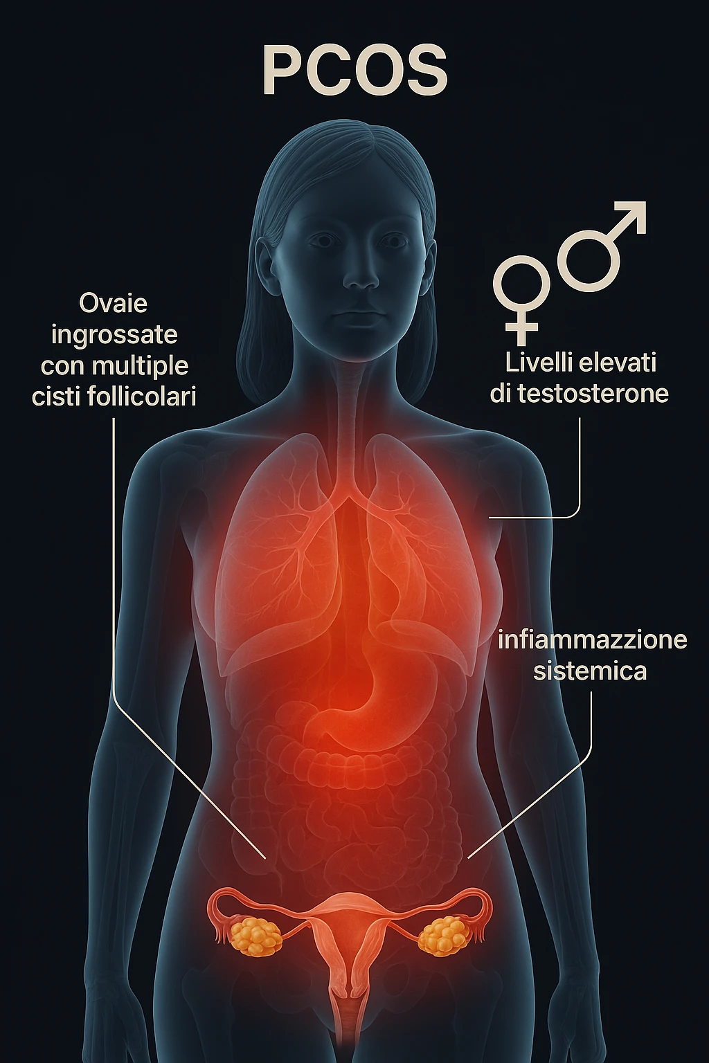 Illustrazione medica 3D del corpo della donna con PCOS: ovaie ingrossate con multiple cisti follicolari, livelli elevati di testosterone (simboli di ormoni maschili) e infiammazione sistemica (bagliore rosso). Sfondo scuro, dettagli scientifici accurati. in italiano emoji
