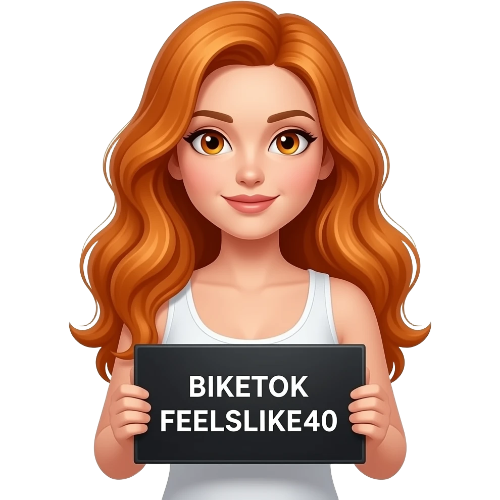 sexy girl with long wavy ginger hair and ginger eyes wearing a white tanktop is holding a black colored sign with BIKETOK FEELSLIKE40 written on it emoji