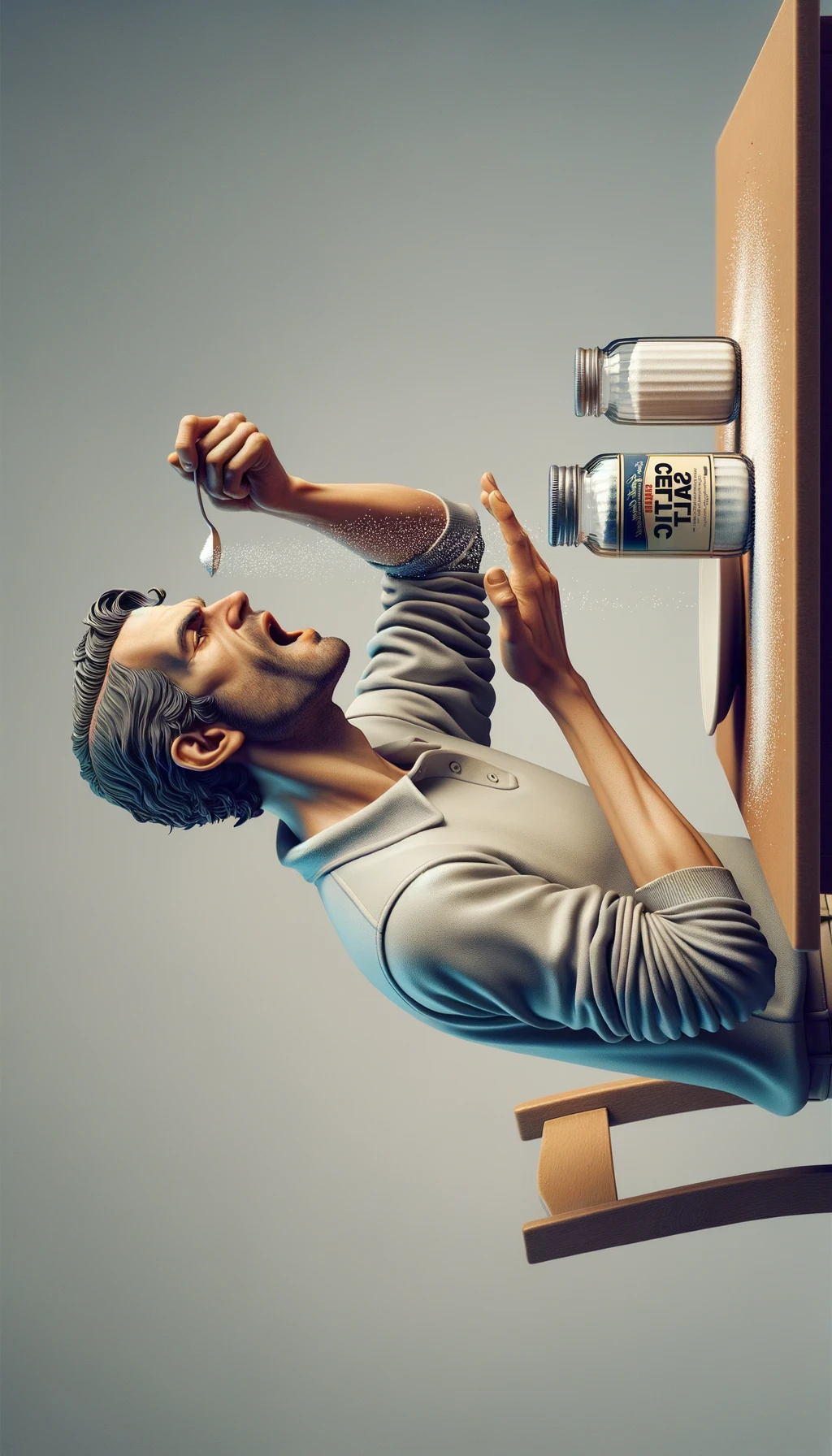 A REALISTIC ANATOMIC human body holding a jar with "CELTIC SALT" written on the label, he throws it in his mouth DURING BREAKFAST, NEUTRAL CLEAR BACKGROUND emoji