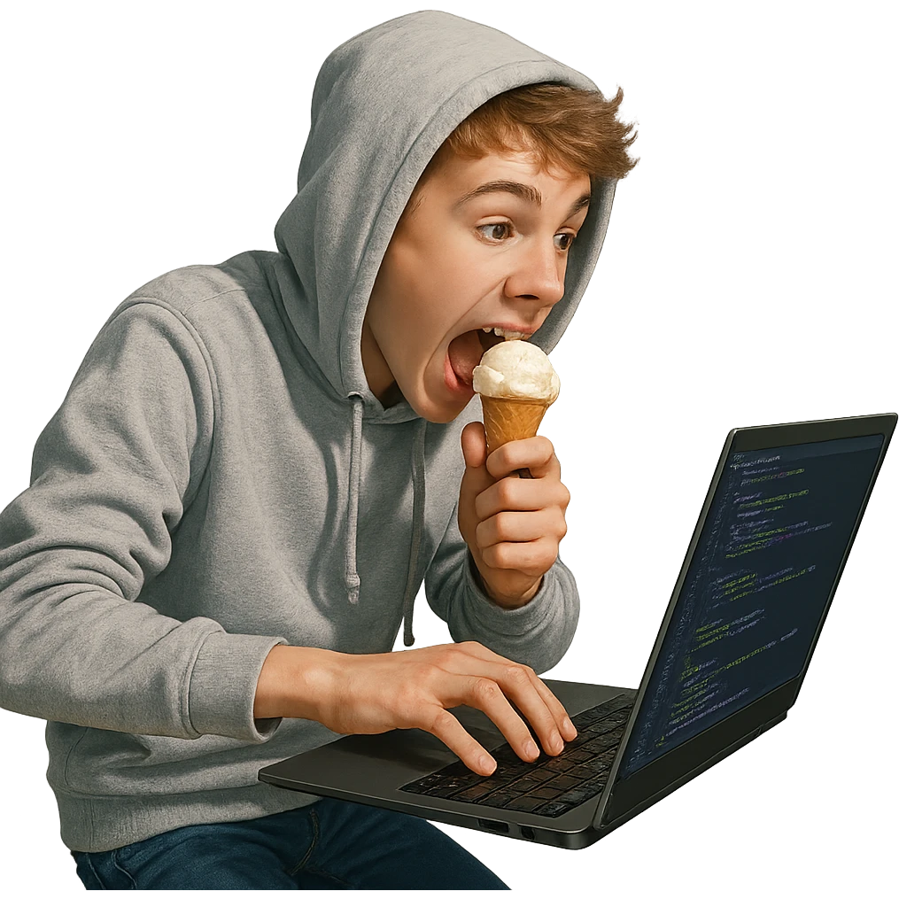 a white teen in a hoodie, eating ice-cream, typing quickly on a laptop, coding, techy vibe, energetic and modern emoji