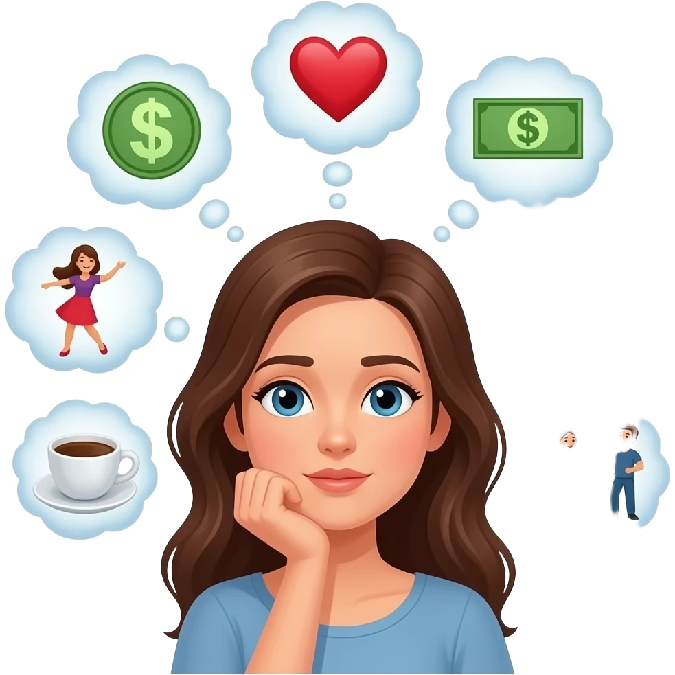 женщина думает о любовь, деньги, танцы, кофе, подруги, желания из много рук или мыслей emoji