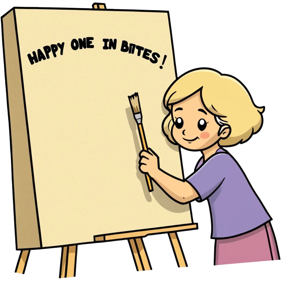 Older Woman with sandy blonde hair painter/artist painting a big canvas that reads “ANOTHER ONE BITES THE DUST - HAPPY BIRTHDAY” in 60’s hippie style painting emoji
