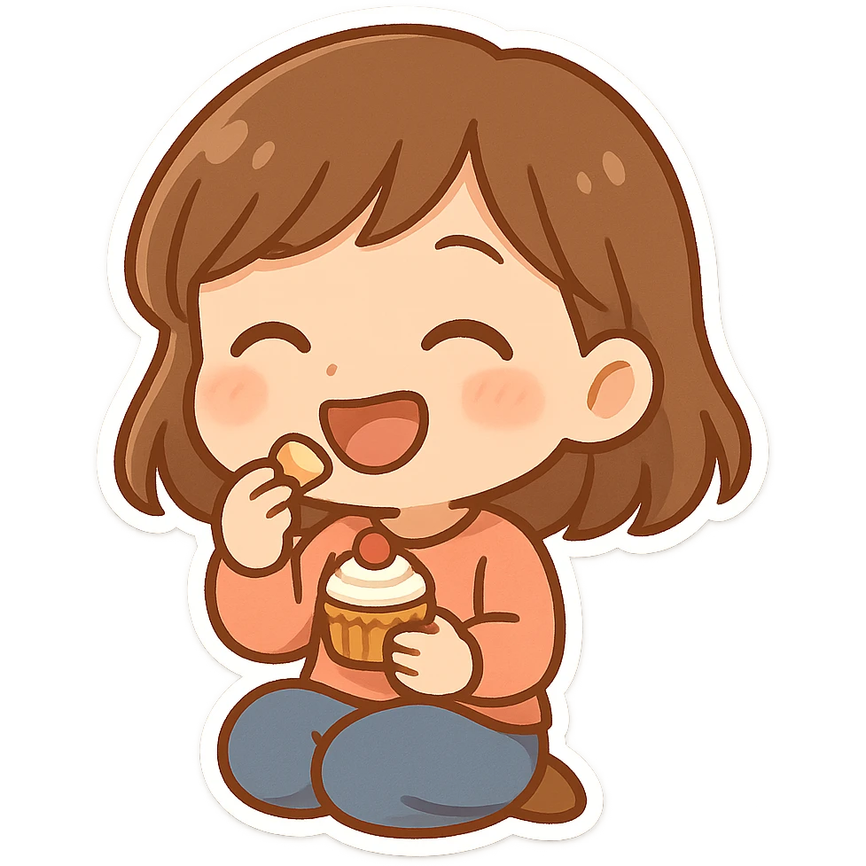 一个女孩开心地坐着，手里拿着一个小蛋糕，开心的吃着小蛋糕 emoji