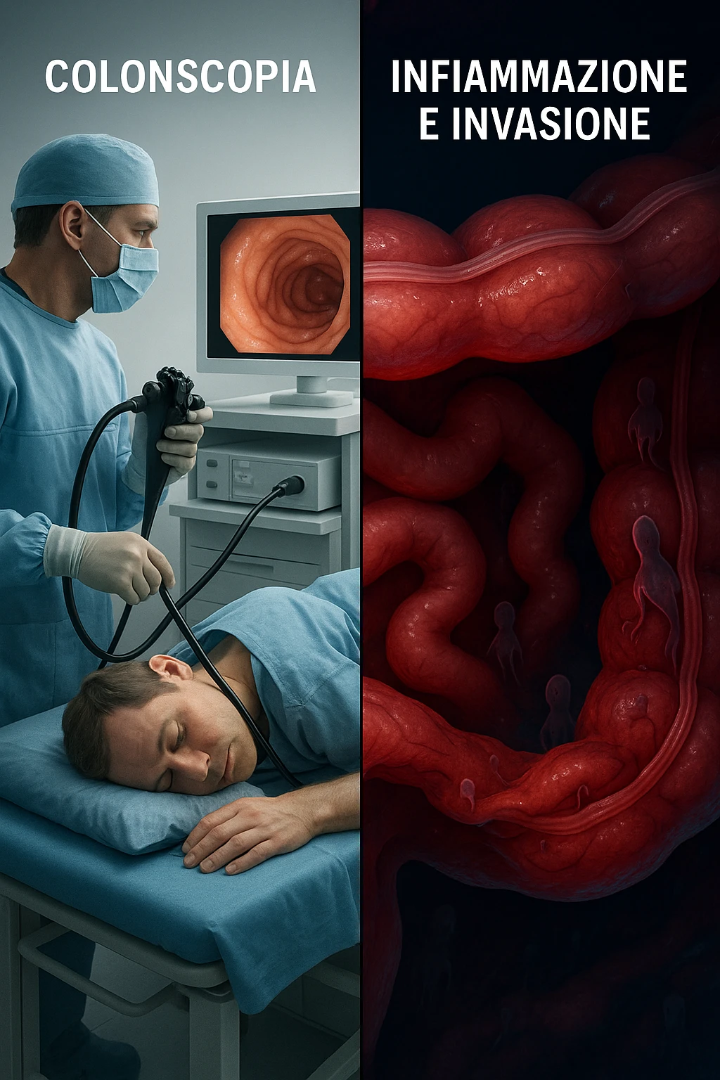 A split-screen medical illustration in cinematic style: on the left side, a doctor performing a colonoscopy on a patient in a sterile clinic, with the endoscopic camera displaying clean, healthy mucosal surfaces on a screen. On the right side, a symbolic cross-section of the same intestine — but shown in deeper layers beneath the surface, where parasitic organisms (small, translucent or shadowy figures) hide between folds and tissues not visible via standard scope. The contrast is clear: what is seen vs. what remains hidden. Lighting on the left is bright, sterile, clinical; lighting on the right is darker, with red and blue tones to suggest inflammation and invasion. Shot in hyper-realistic 3D medical style, educational but emotionally charged IN ITALIANO emoji