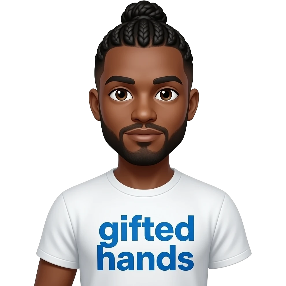 Short African American man with missing left arm and right arm missing a hand with cornrow braids into a man bun wearing a white shit that says gifted hands in bold blue letters emoji