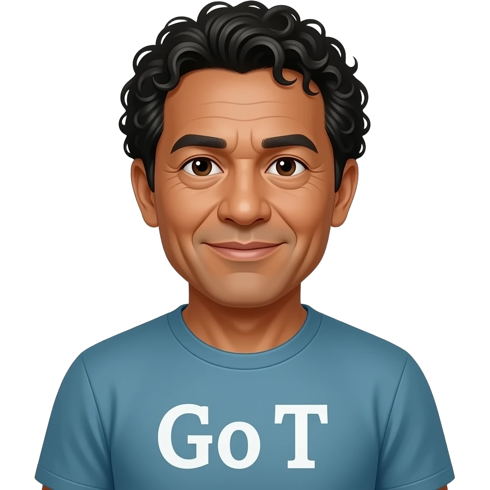 Picture of a 60 year old Pacific Islander man with curly hair and Go tee emoji