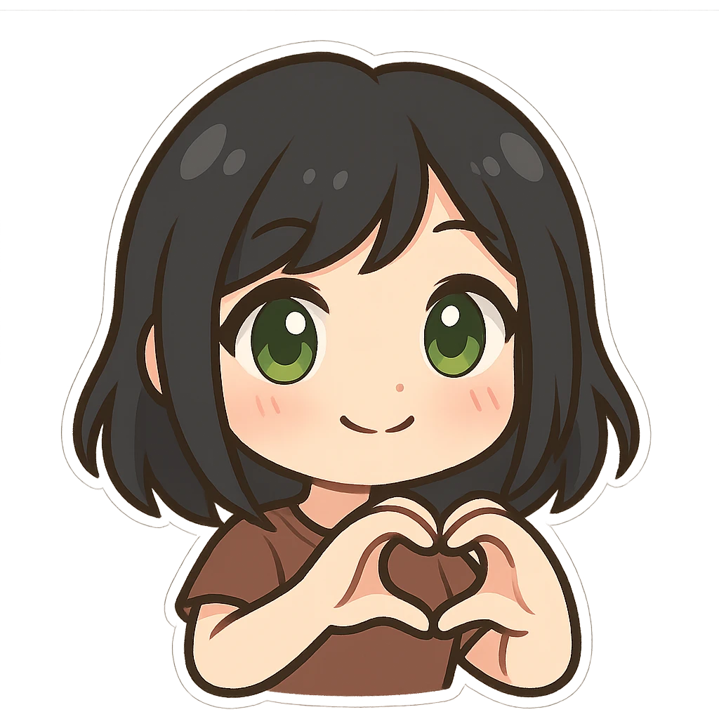 girl with black hair and green eyes, making a heart with her hands, twitch emote style emoji
