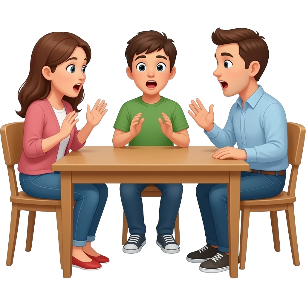 Dialogue between two adults and a teenager sitting at the table at home looking at each other in a conversational mood, mouths open, hands moving, surprised expressions emoji