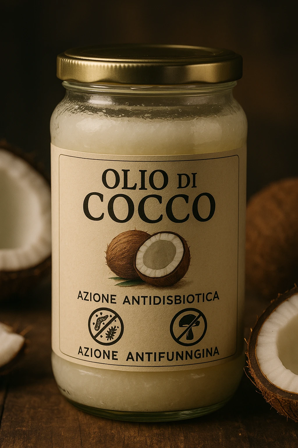 jar of coconut oil with Italian label 'Olio di Cocco', clear symbols of anti-dysbiotic and antifungal action (bacteria and fungi crossed out), realistic and cinematic style, vertical 2:3 aspect ratio, no other text. emoji