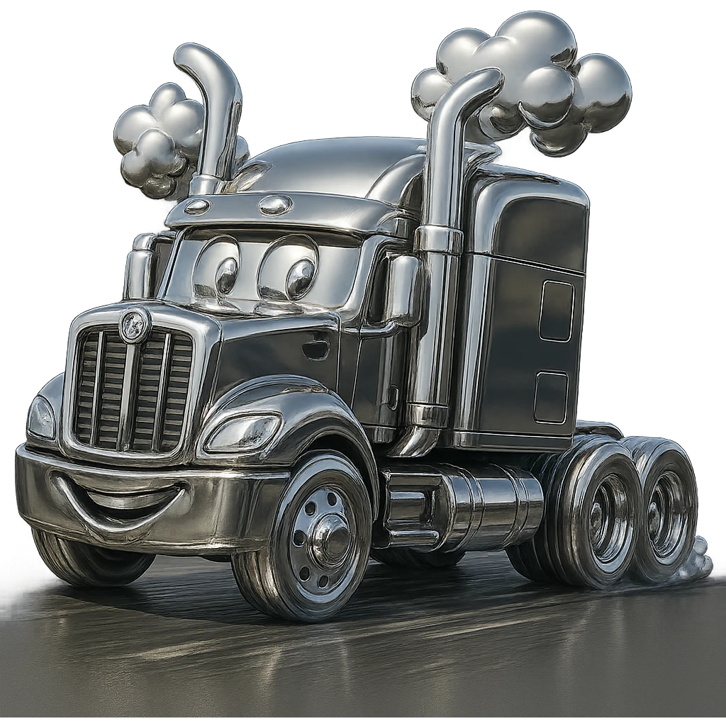 Add playful cartoon smoke coming out of the chrome stacks of the black Kenworth W680 truck rolling down the road. Make it cheerful and dynamic with visible road and motion effects, transparent background. emoji