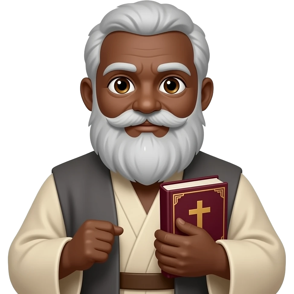 wise old man with grey hair robe slight brown eyes white beard dark brown skin holding burgundy book that has a cross on it emoji