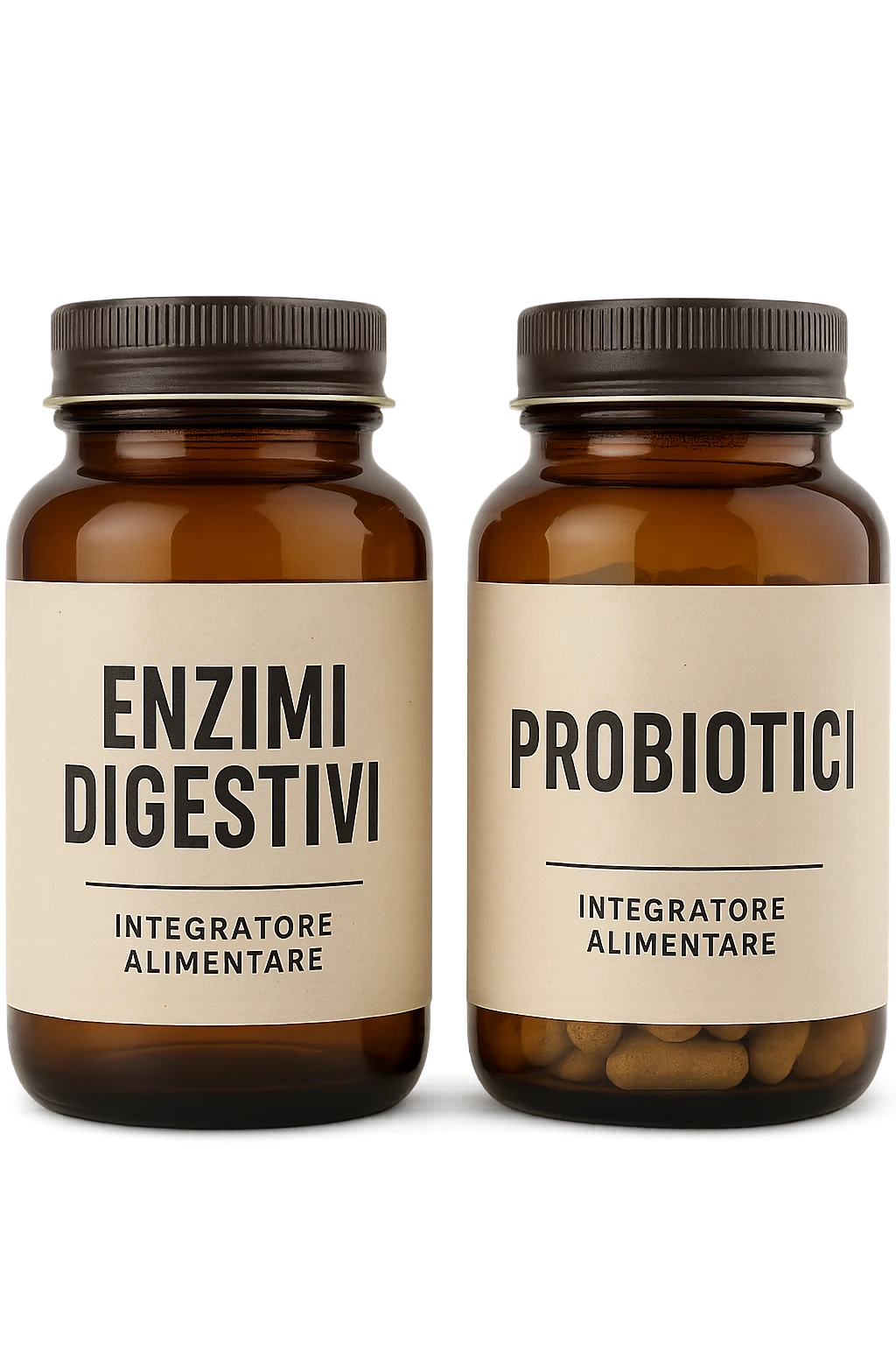 DUE BARATTOLI di integratore con la scritta "ENZIMI DIGESTIVI" E "PROBIOTICI", iperrealistico 4k emoji