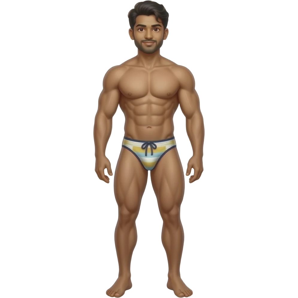 full body indian young male standing with muscular build in thong emoji