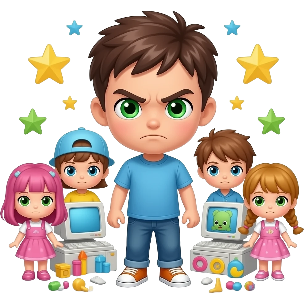 Angry Teenage boy Green eyes surrounded by toys and smala dolls, computers, stars, around and foot on one broken and Huet marmotte emoji