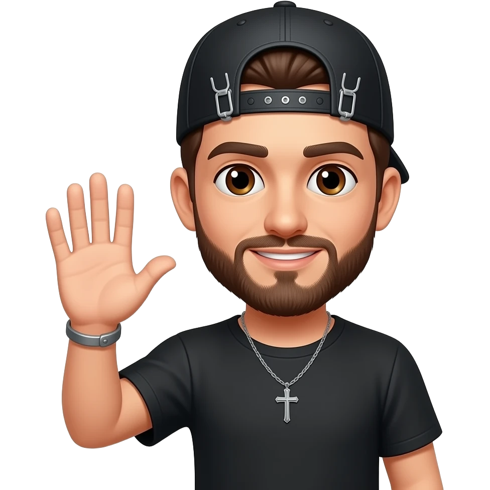 Brown eyes, rock cap with metallic clips on the cap visor , rock cross on the cap , black teeshirt, saying hi, no ratio, no chain, short hair , browning beard, no withstand emoji