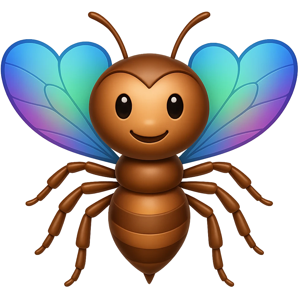 Make the bug with heart-shaped wings more cartoonish in the style of apple emojis, with a rounder body and big eyes, keeping the apple emoji style look. emoji