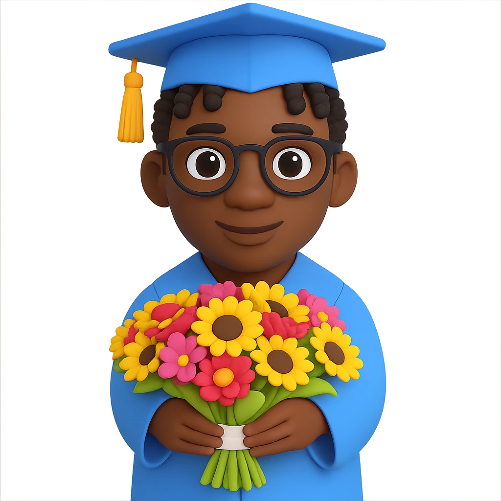 Transform the image into a male African American graduate with twists hairstyle, glasses, holding a bouquet, wearing cap and gown. Remove the background entirely for a clean isolated subject. emoji