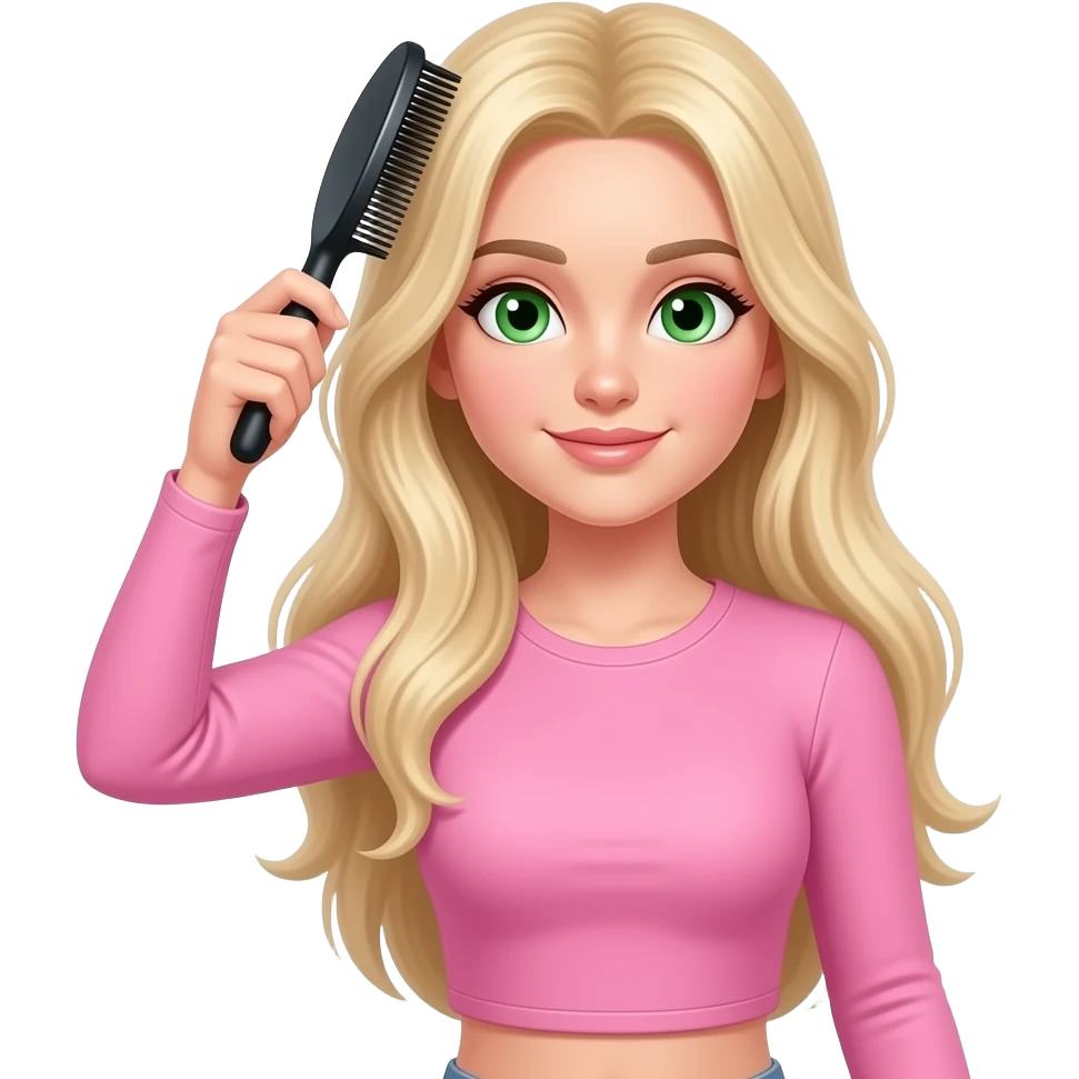 White Blonde girl with long hairs, green eyes wearing long sleeves crop pink brushing your hair emoji
