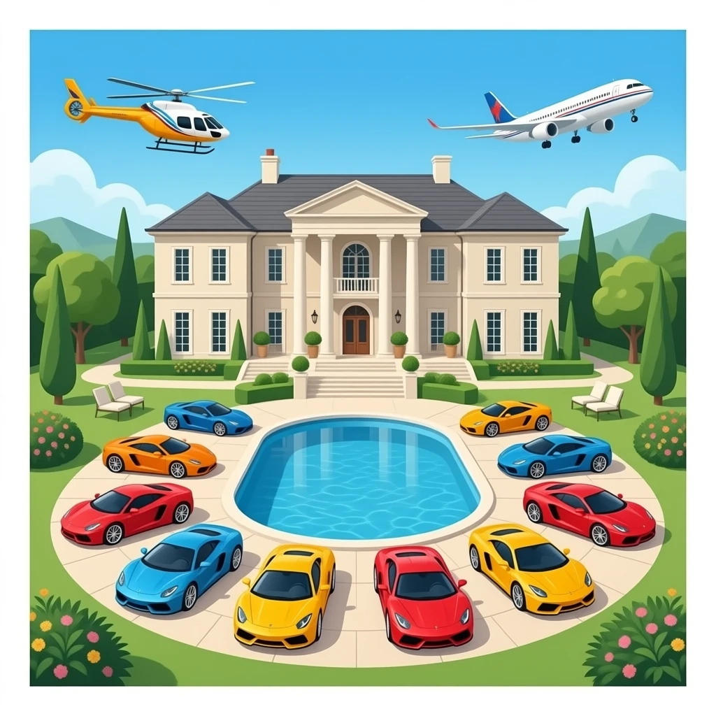Giga mansion with 8 sport cars and helicopter and luxury plane and giant pool emoji