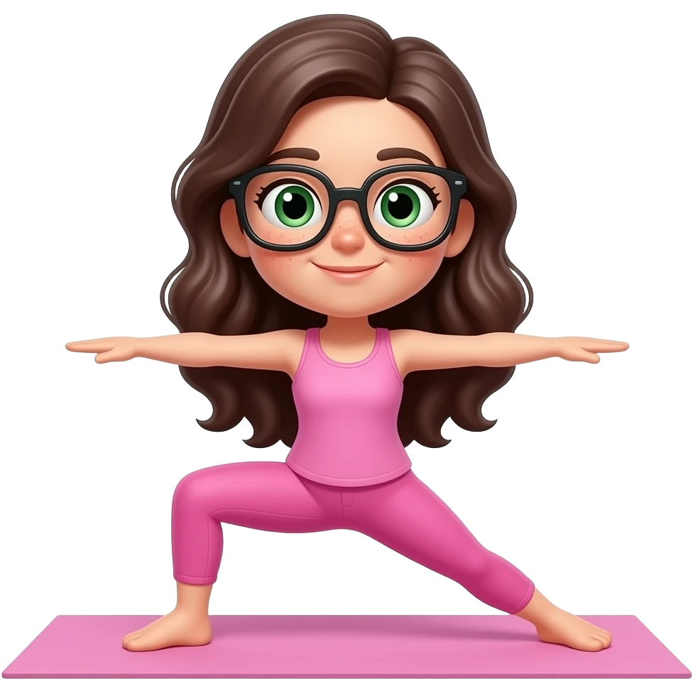 young girl in the style of iphone emoji people, fair skin, green eyes, glasses, freckles,long dark brown wavy hair, pink tank top and pink leggings, do yoga emoji