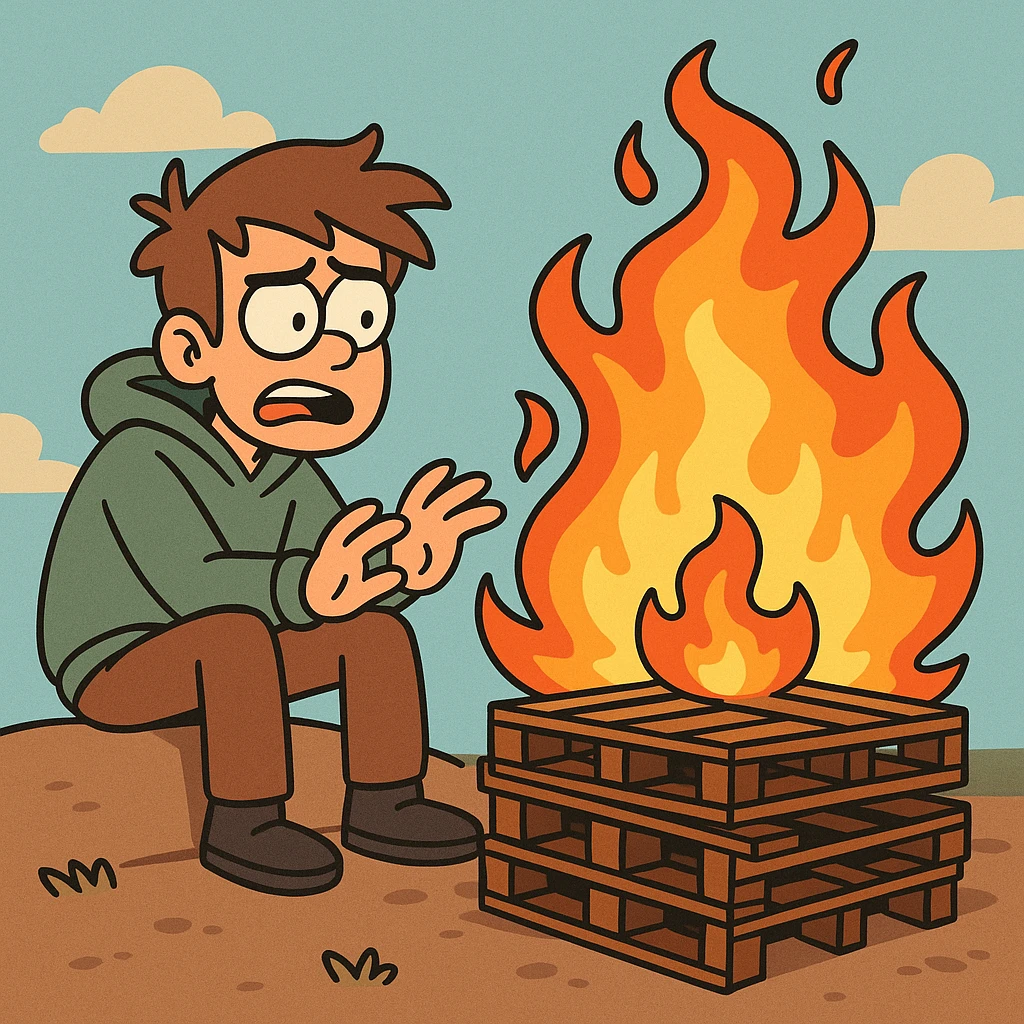 cartoon style bonfire made from a stack of wooden pallets, expressive flames, bold outlines, playful, colorful emoji