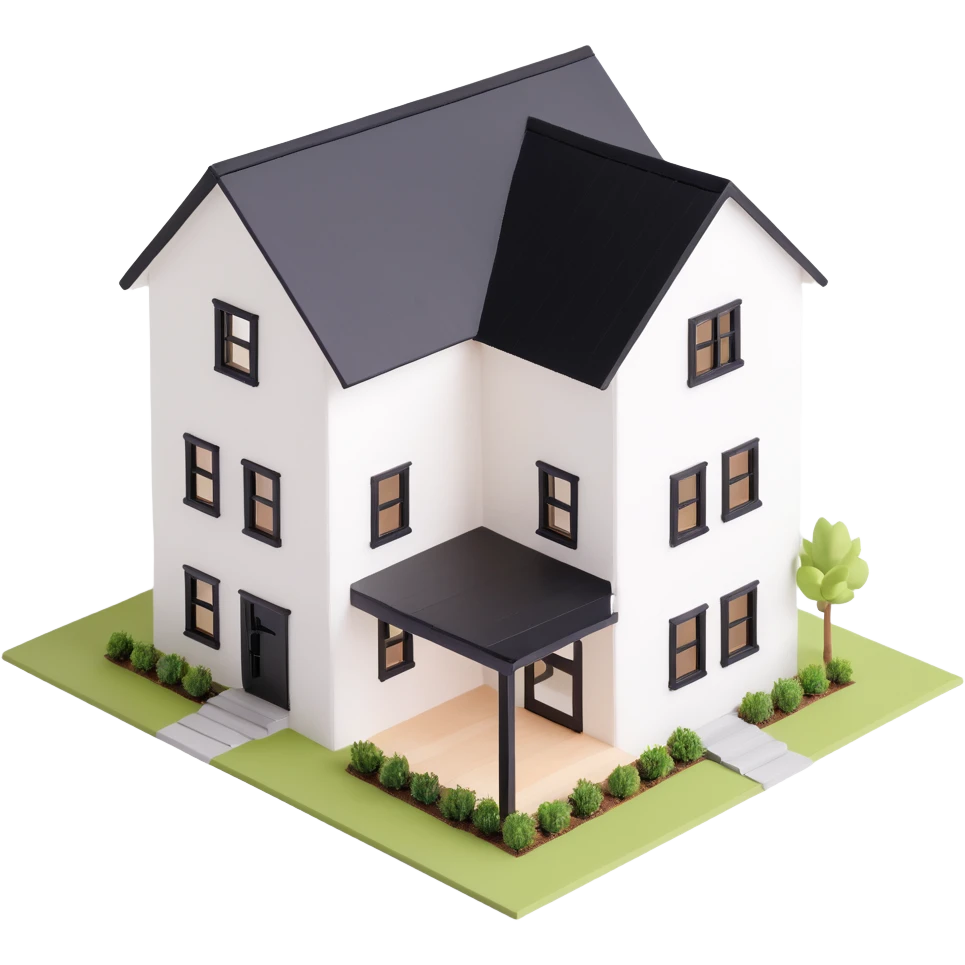 modern farmhouse dollhouse, white with black trim and wooden accents, 3d isometric  emoji