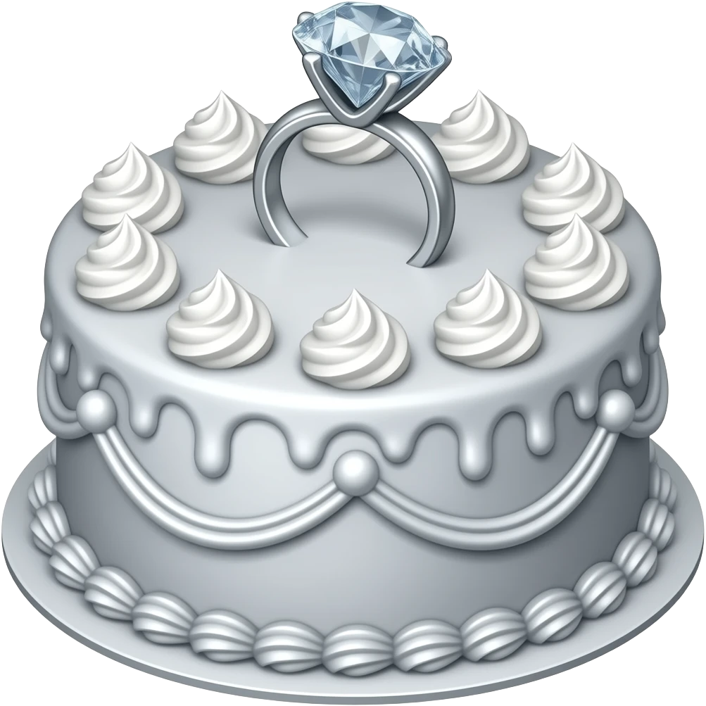 A fancy silver fancy cake with frosting and whipped cream with a diomond ring in the middle emoji