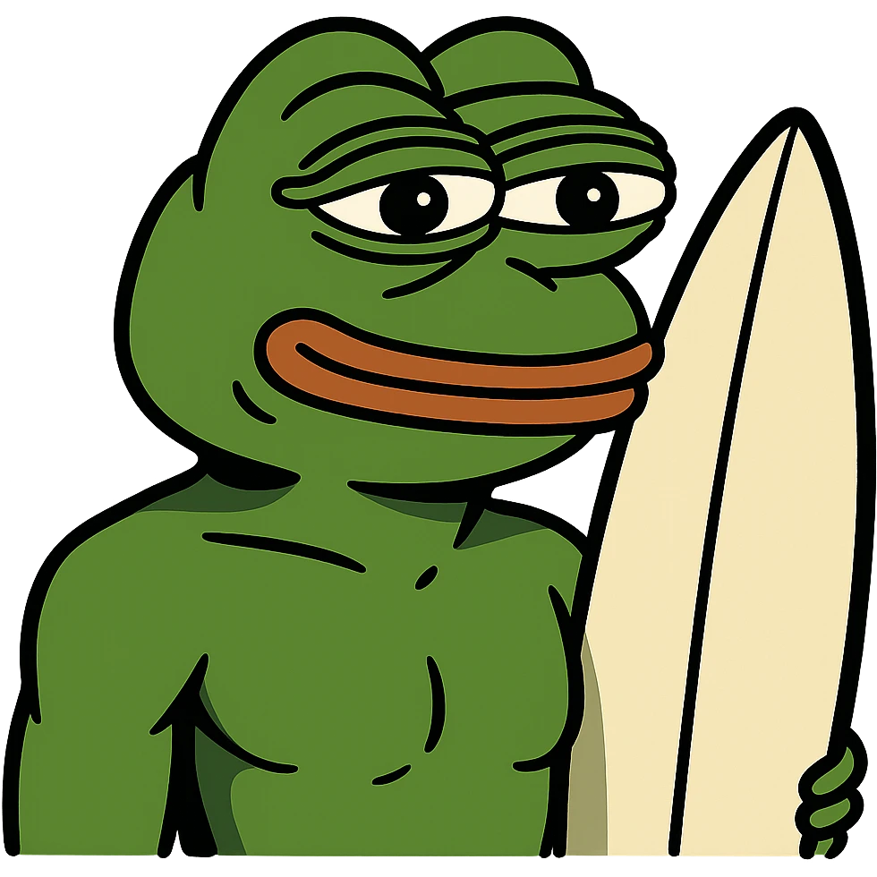 Pepe the Frog as a surfer with surfboard emoji