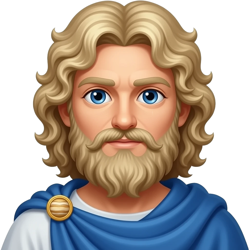 Jupiter from Roman Mythology with blue eyes, long blonde curly storm cloud hair and beard, azure cloak emoji