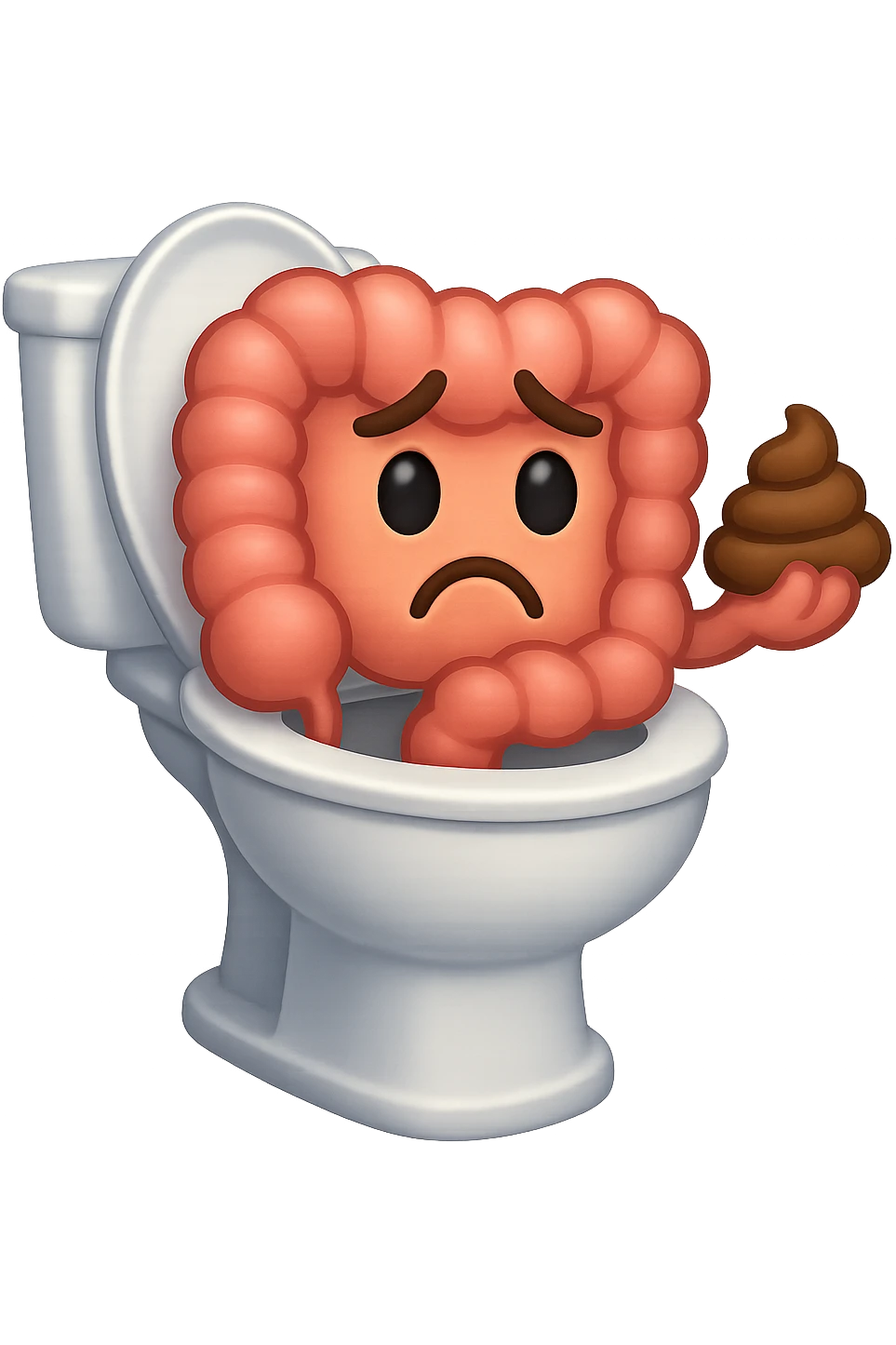 emoji stile iphone di un intestino che esce dal wc con in mano una montagnetta di feci con espressione triste a palline emoji