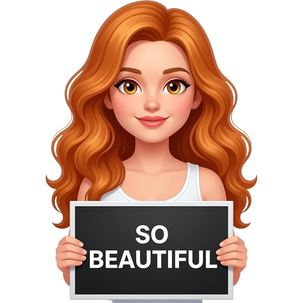 sexy girl with long wavy ginger hair and ginger eyes wearing a white tanktop is holding a black colored sign with SO BEAUTIFUL written on it emoji