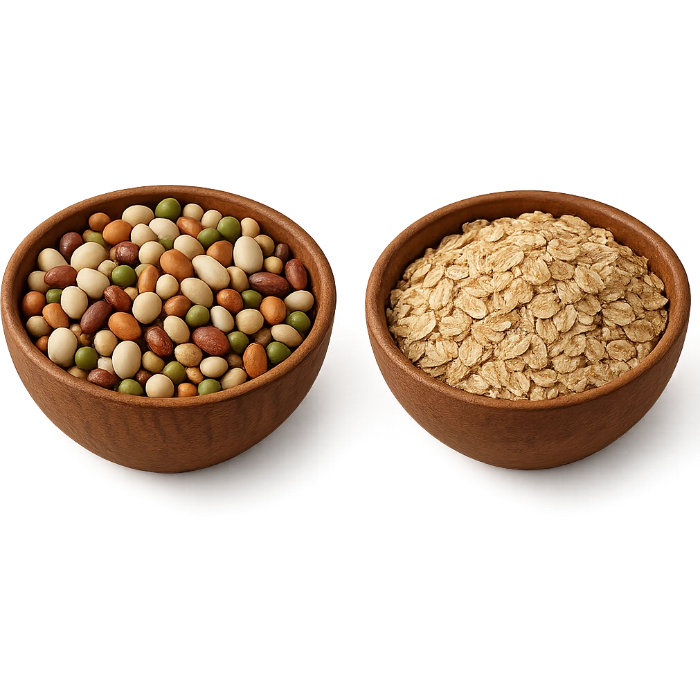 BOWL DI LEGUMI INSIEME A BOWL DI FIOCCHI DI AVENA POGGIATE,  iperrealistico 4k emoji