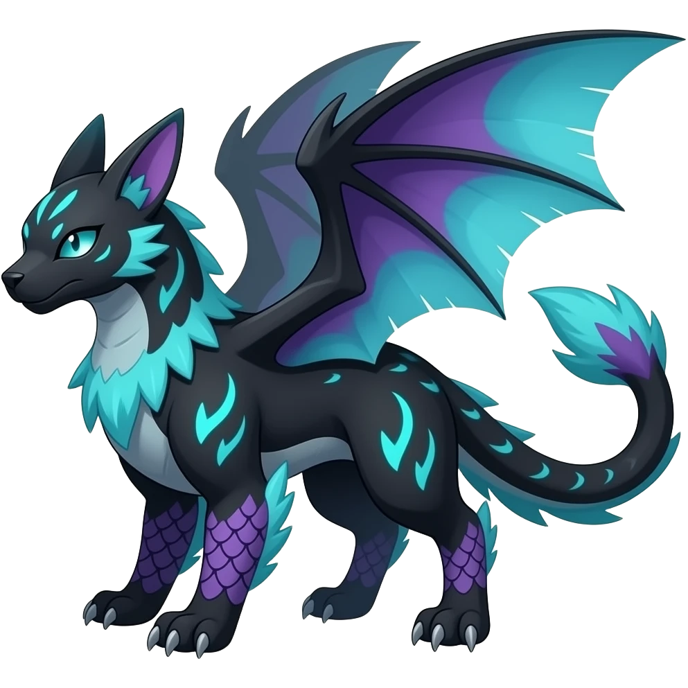 Black Dark Exotic Colorful Black, Cyan, Purple, Beaked Feathery Nocturnal Neon-glowing Abyssal Nightly Abyss-Cat-Gryphon-Salandit-Nargacuga-Silvally-Vernid-Sergal-Fakémon-Hybrid-Creature (full body) emoji