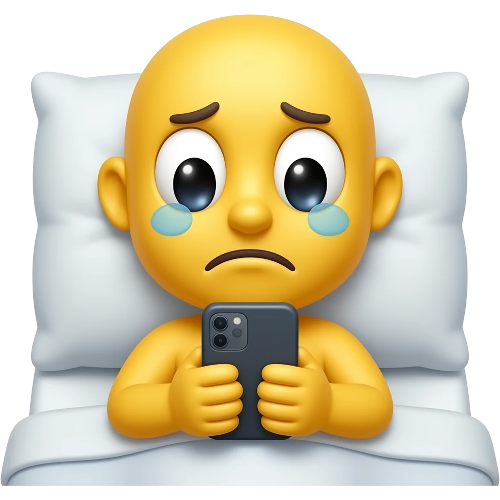 Cute & funny good morning yellow emoji face that just woke up but looks tired with bags under eyes and has only one eye open and the other eye shut checking phone messages in bed emoji