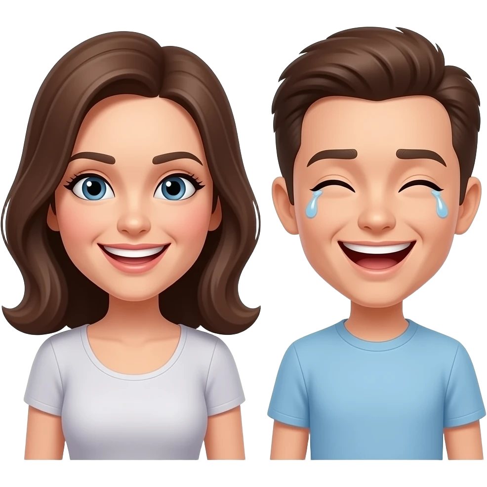 frau mit den mittellangen brauen haaren, sie grinst schelmisch, sie steht neben emoji, der emoji lacht mit den tränen emoji